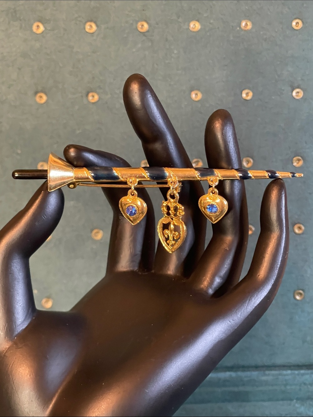 Vintage Victorian-Revival Blue Enamel Dangle Charm Brooch
